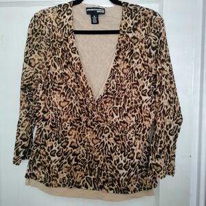Norton McNaughton Leopard Animal Print Long Sleeve Blouse Plus Size Top 1X